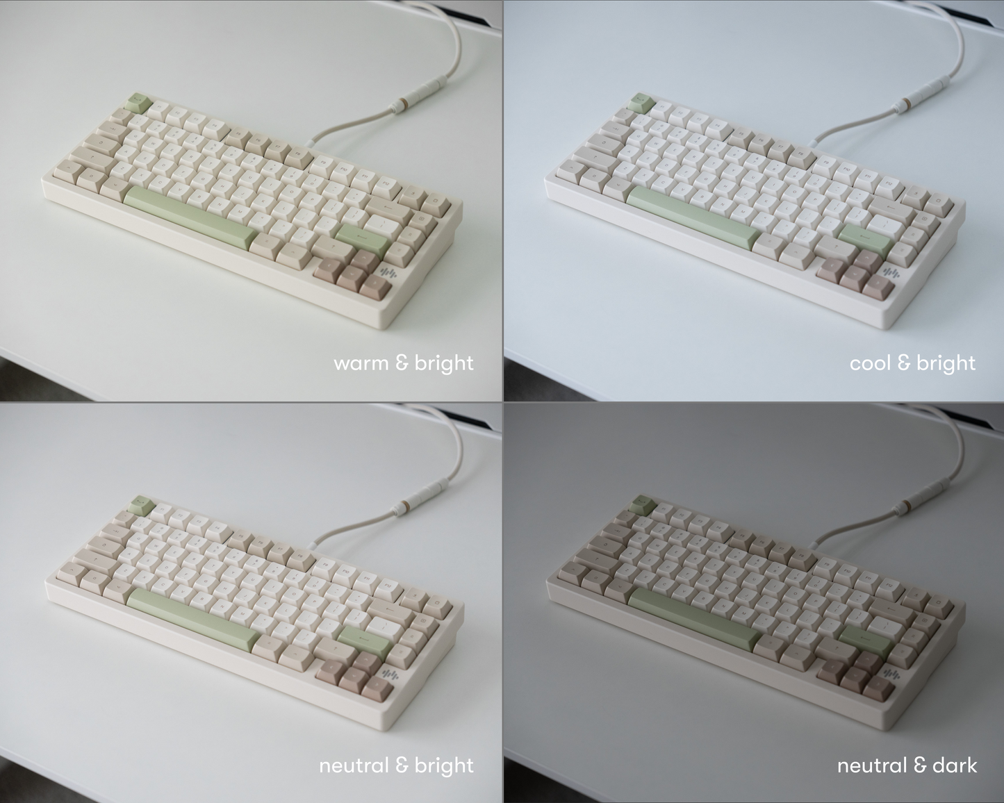 the cafe keycaps in marshmallow profile in 4 different lighting environments.