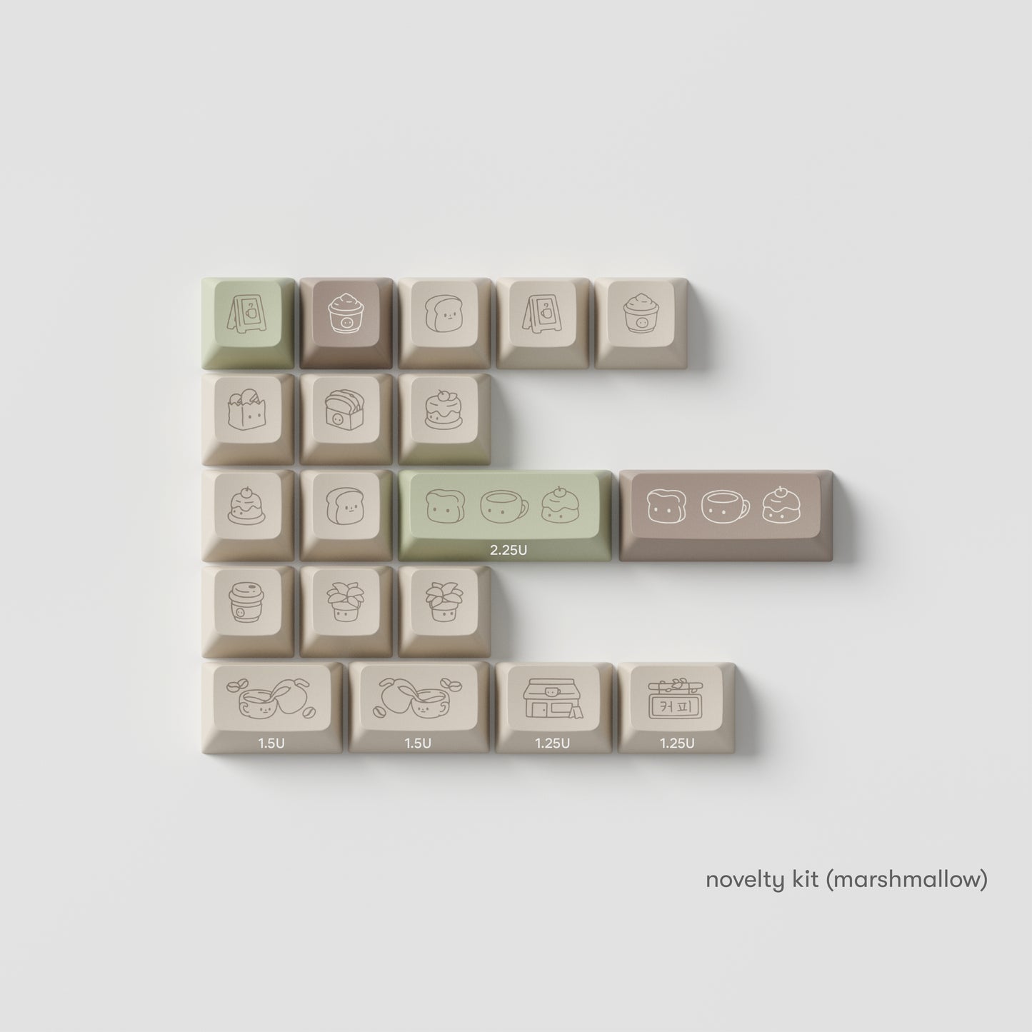 the standard edition cafe novelty keys in marshmallow profile. featuring cafe inspired artwork in spring green, roasted brown, and light stone colours.
