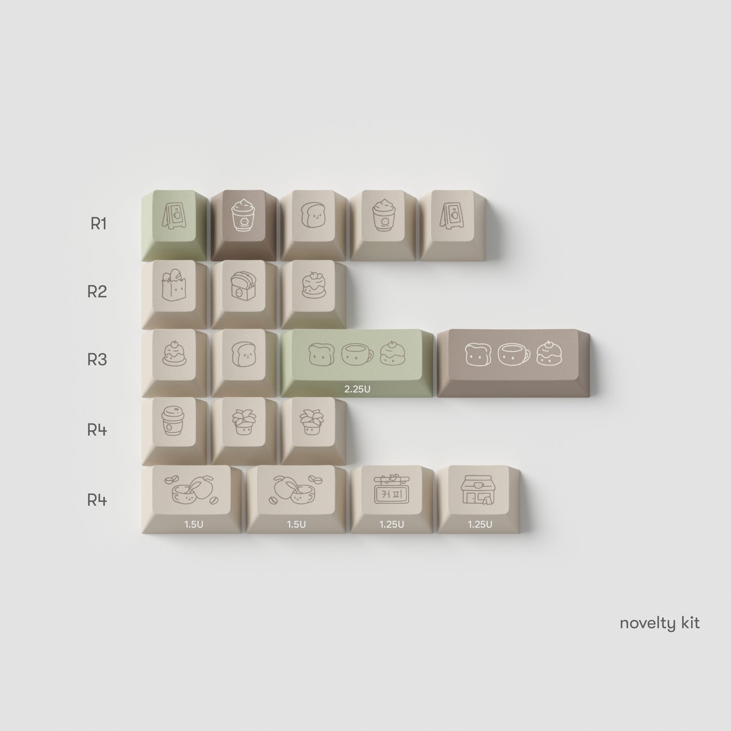 the standard edition cafe novelty keys in cherry profile. featuring cafe inspired artwork in spring green, roasted brown, and light stone colours.