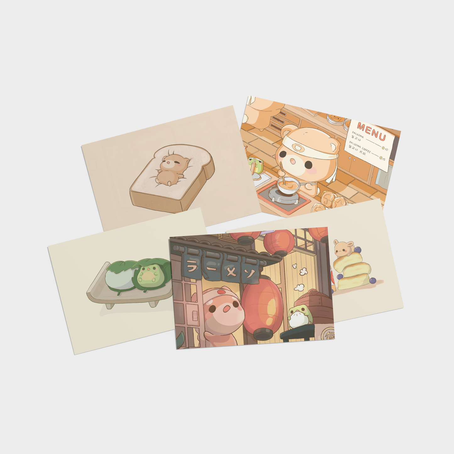 osume's foods postcard pack featuring 5 illustrations of cute animals with various foods.