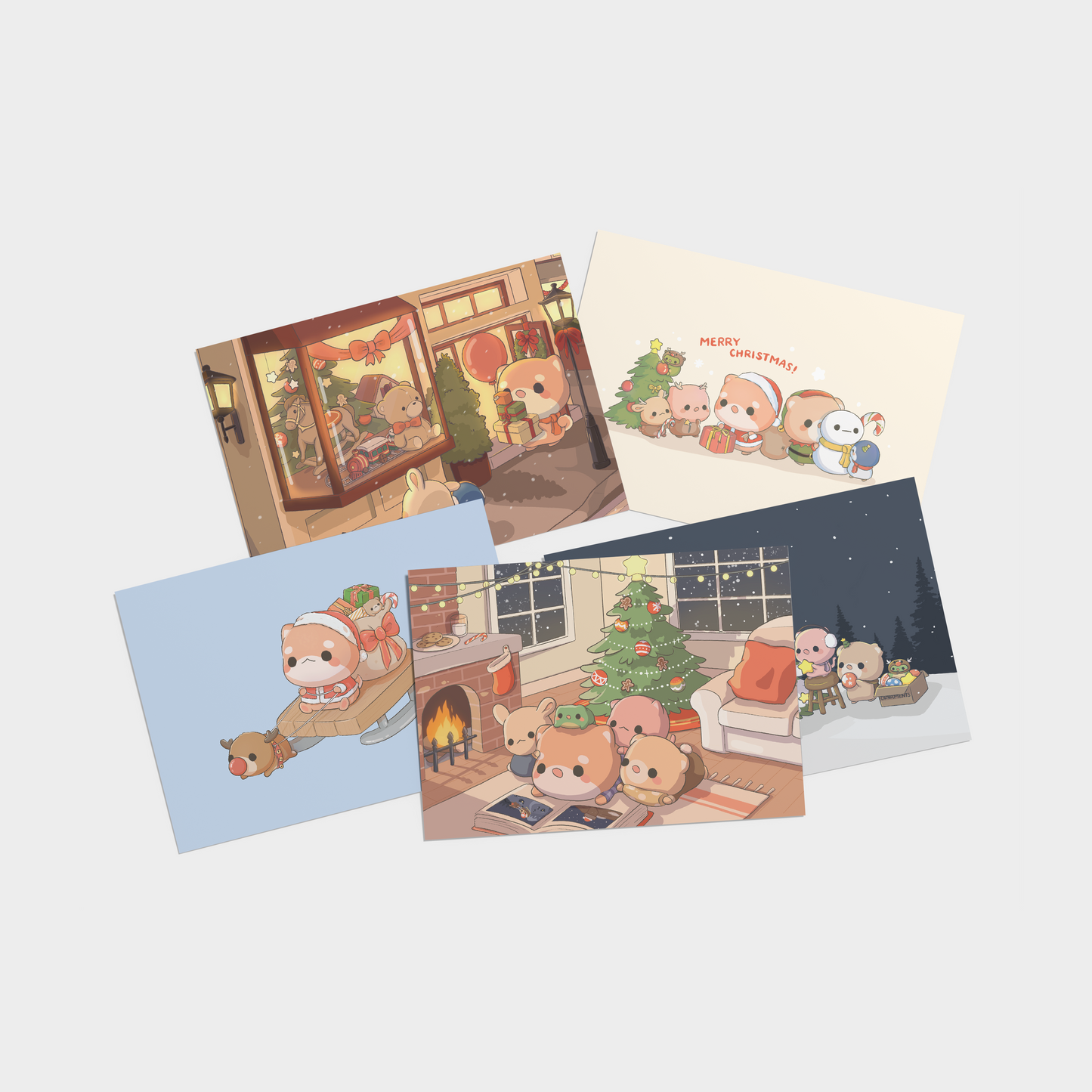 osume's holidays postcard pack featuring 5 illustrations of cute animals enjoying the christmas season.