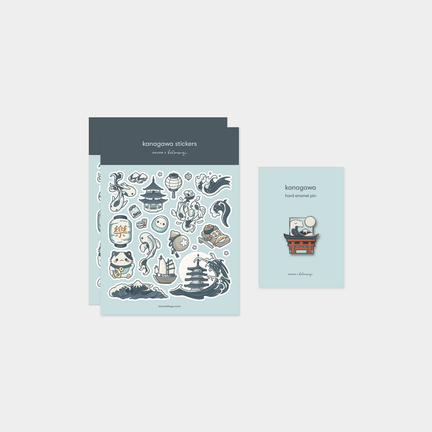 osume's kanagawa-themed pin & sticker bundle. containing 2 sticker sheets and an enamel pin.