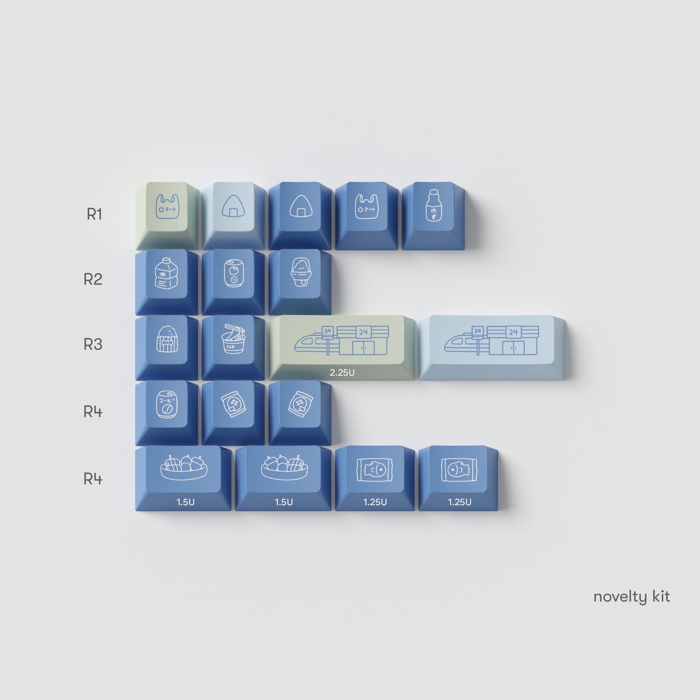 the standard edition konbini green novelty keys in cherry profile. featuring japanese convenience store illustrations.