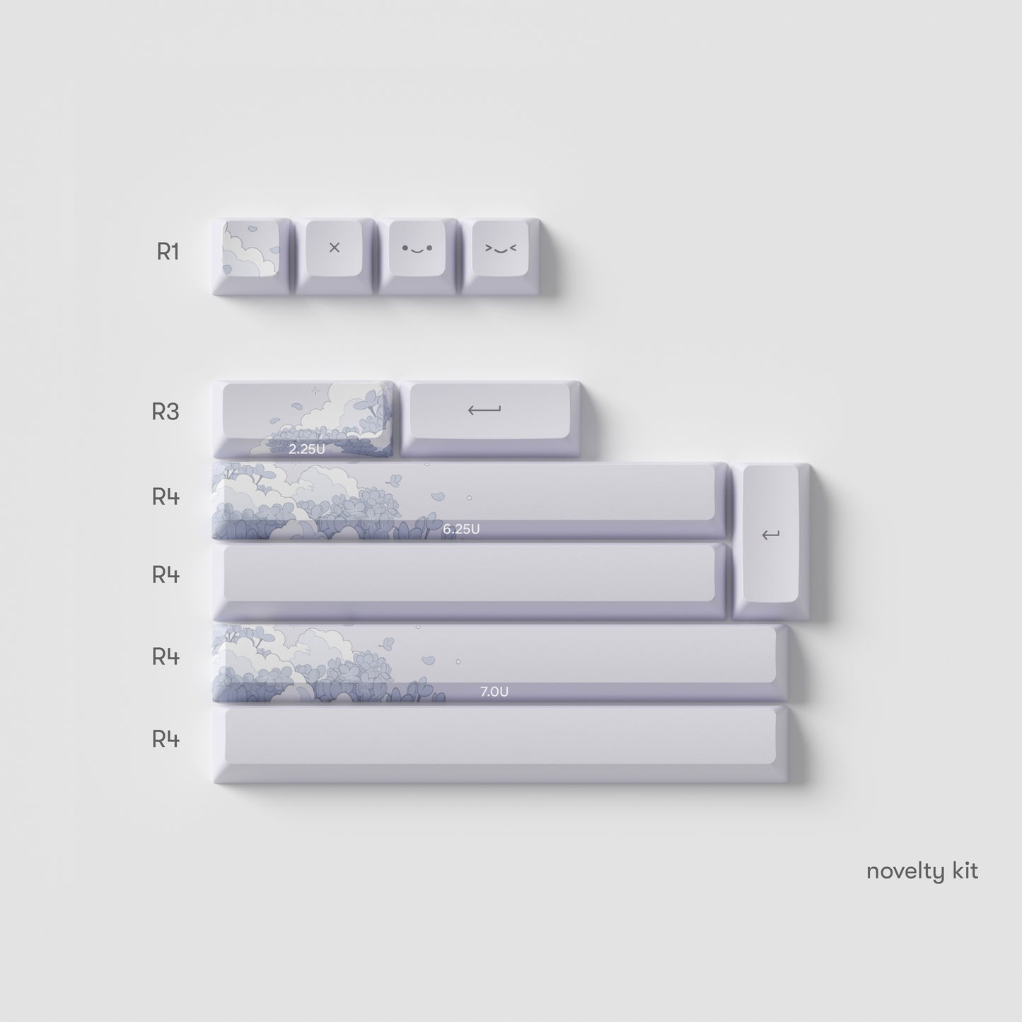 the standard edition lilac dreams novelty keys in marshmallow profile. featuring flowers and clouds and sky lilac colours.