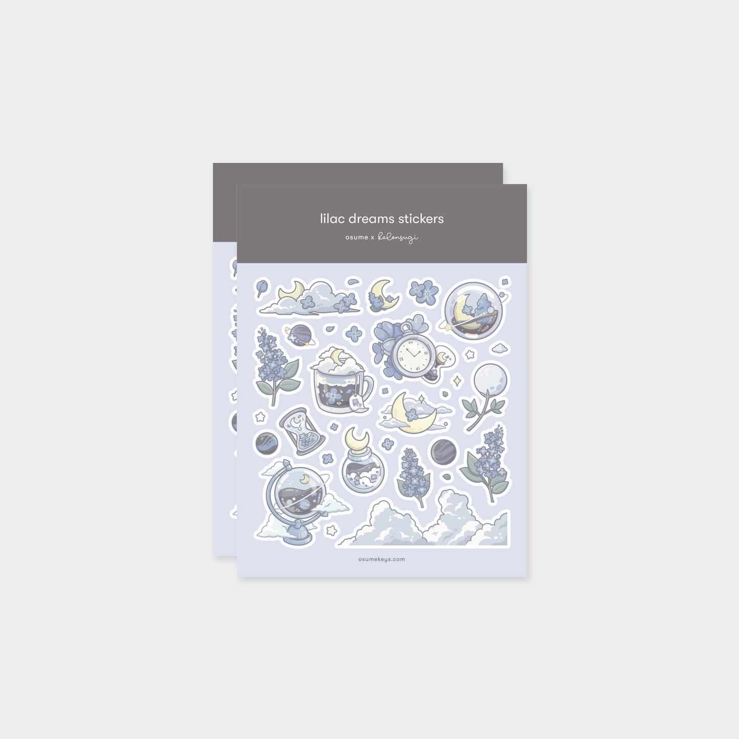 osume's 2-sheet lilac dreams sticker set with cute illustrations of lilac flowers in the sky.