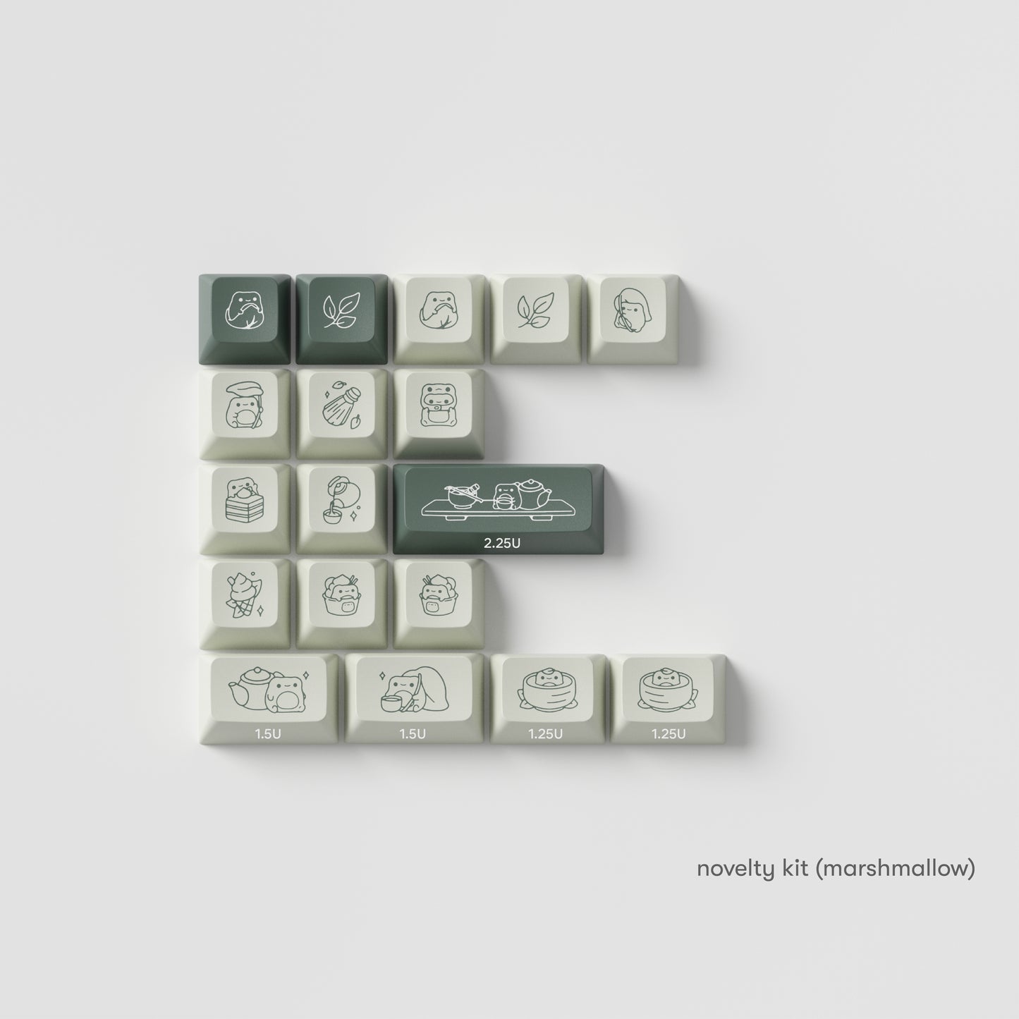 the standard edition matcha novelty keys in marshmallow profile with labels.