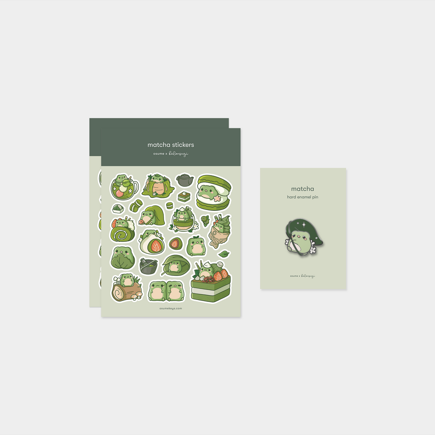 osume's matcha-themed pin & sticker bundle. containing 2 sticker sheets and an enamel pin.