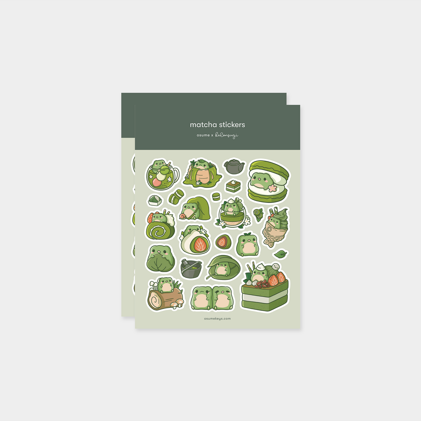 osume's 2-sheet matcha sticker set with cute illustrations of matcha frogs.