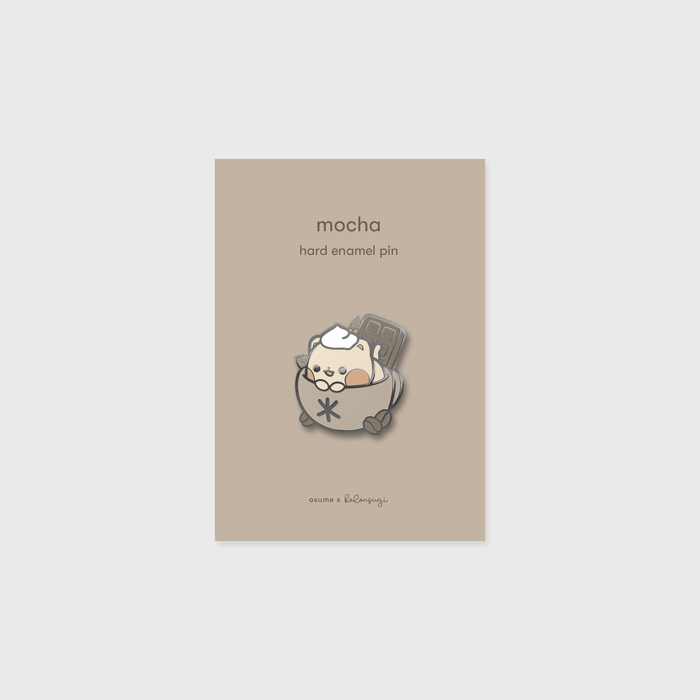 osume's mocha enamel pin featuring a cute cat in a mocha cup.