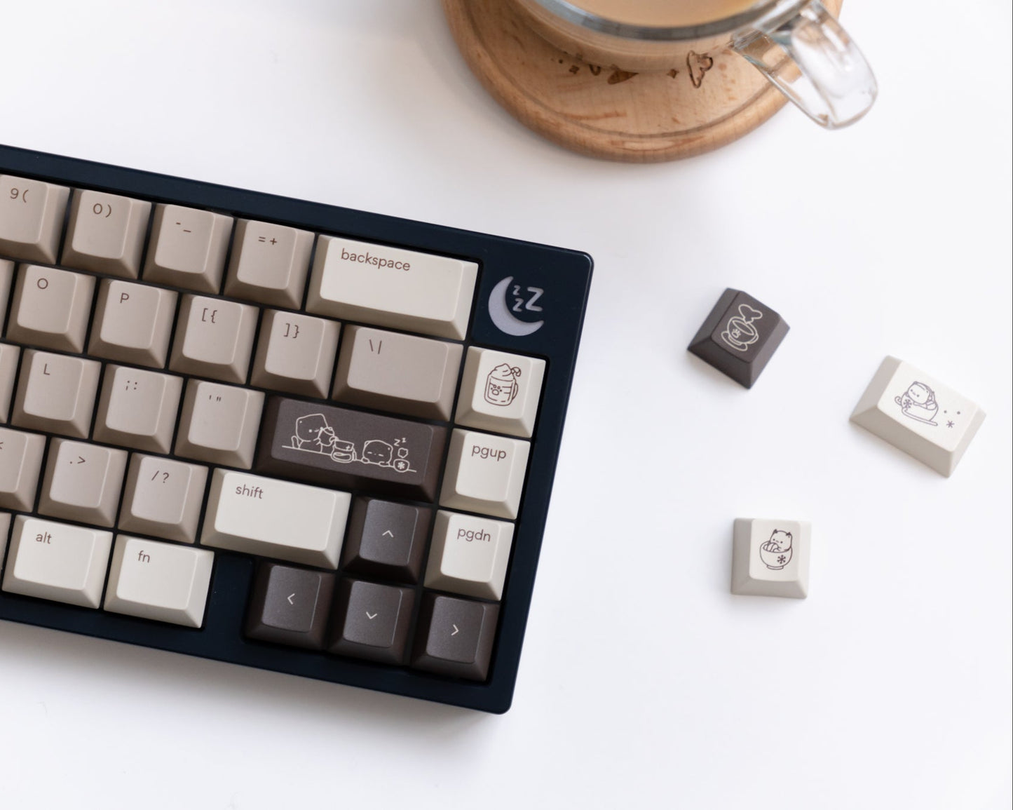 the mocha keycaps, in cherry profile, featuring mocha novelty keys on a classic black nemui keyboard.
