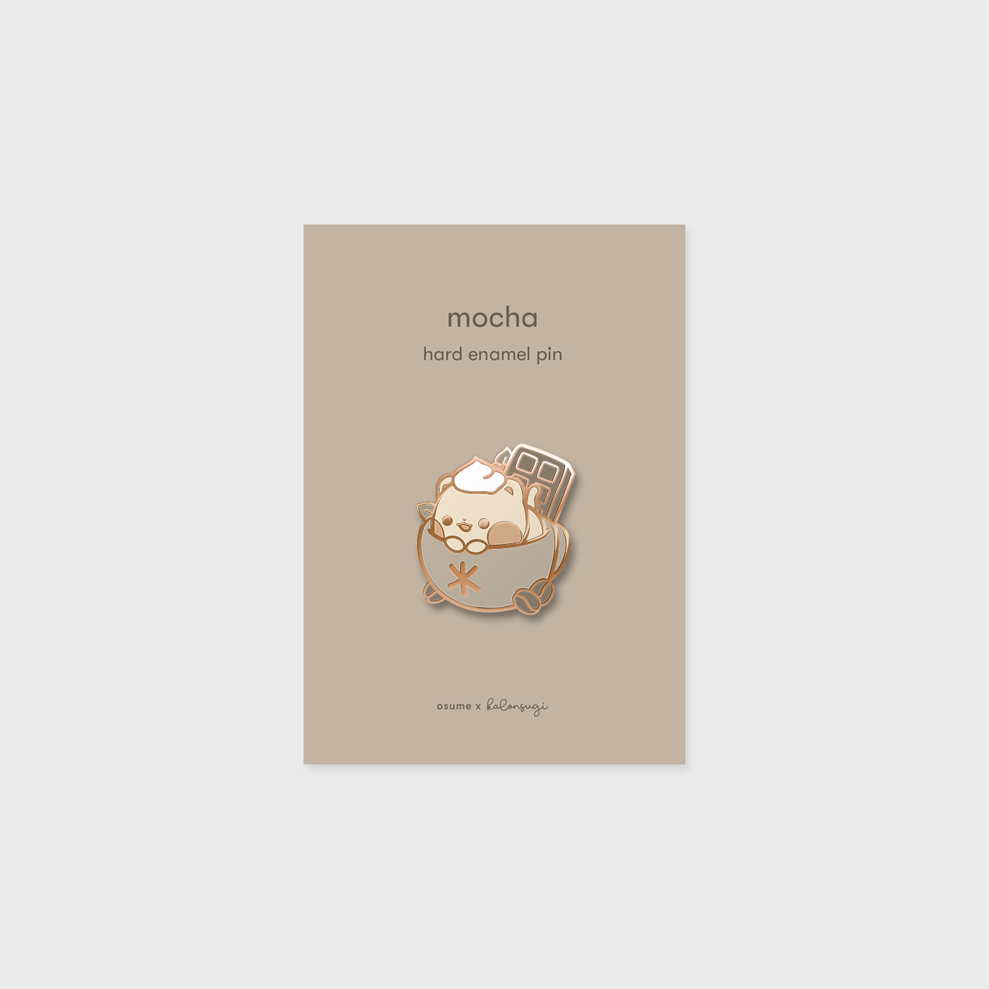osume's mocha enamel pin in rose gold featuring a cute cat in a mocha cup.