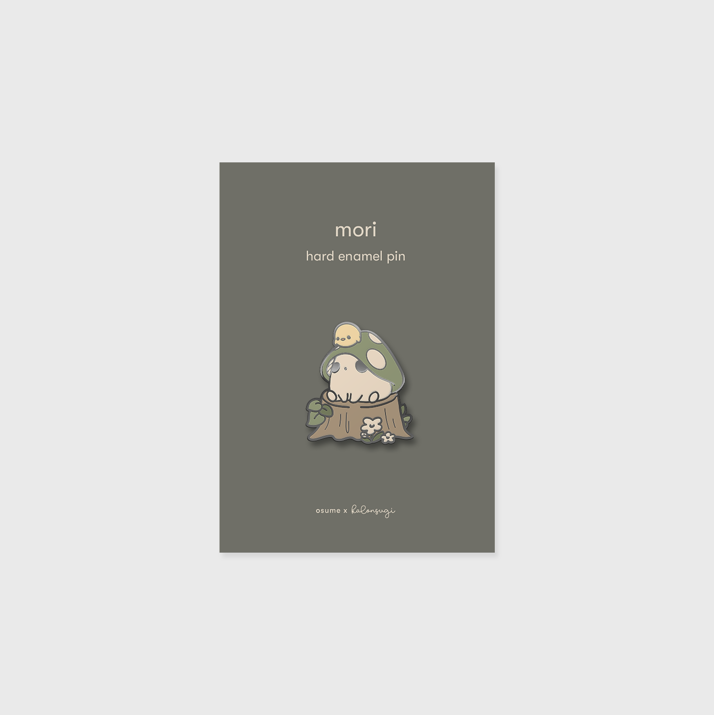 osume's mori enamel pin featuring a cute woodland mushroom.