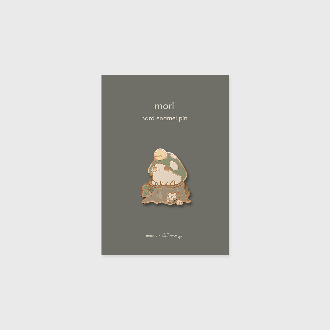 osume's mori enamel pin in rose gold featuring a cute woodland mushroom.