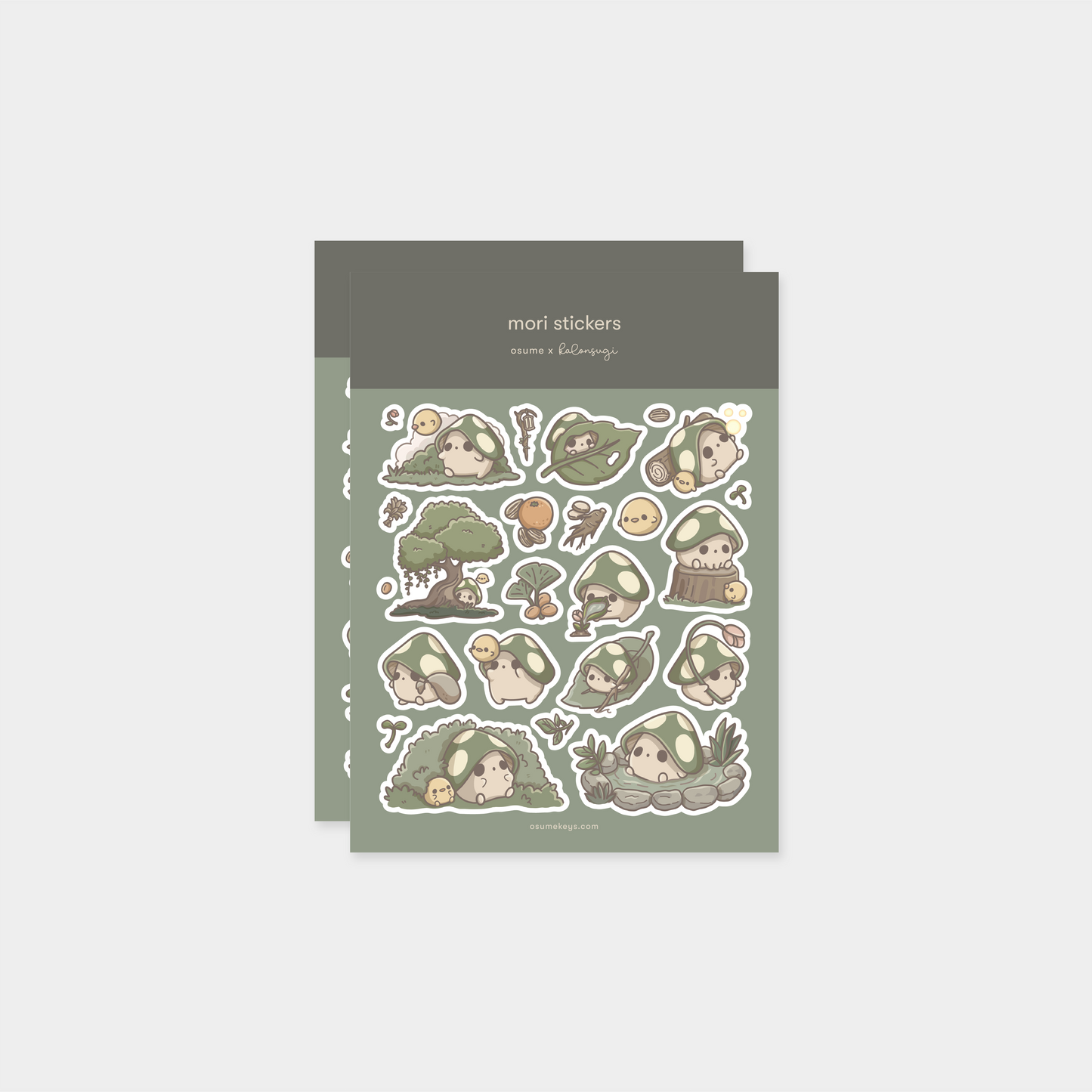 osume's 2-sheet mori sticker set with cute illustrations of woodland mushrooms.