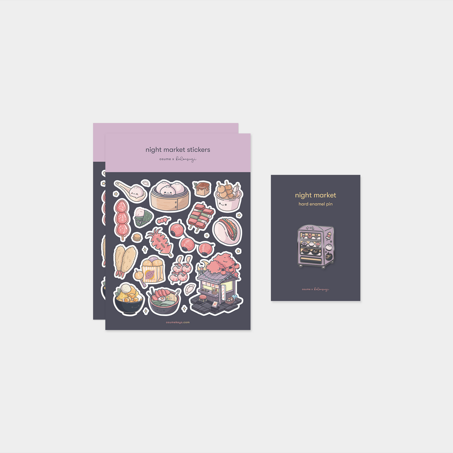 osume's night market-themed pin & sticker bundle. containing 2 sticker sheets and an enamel pin.