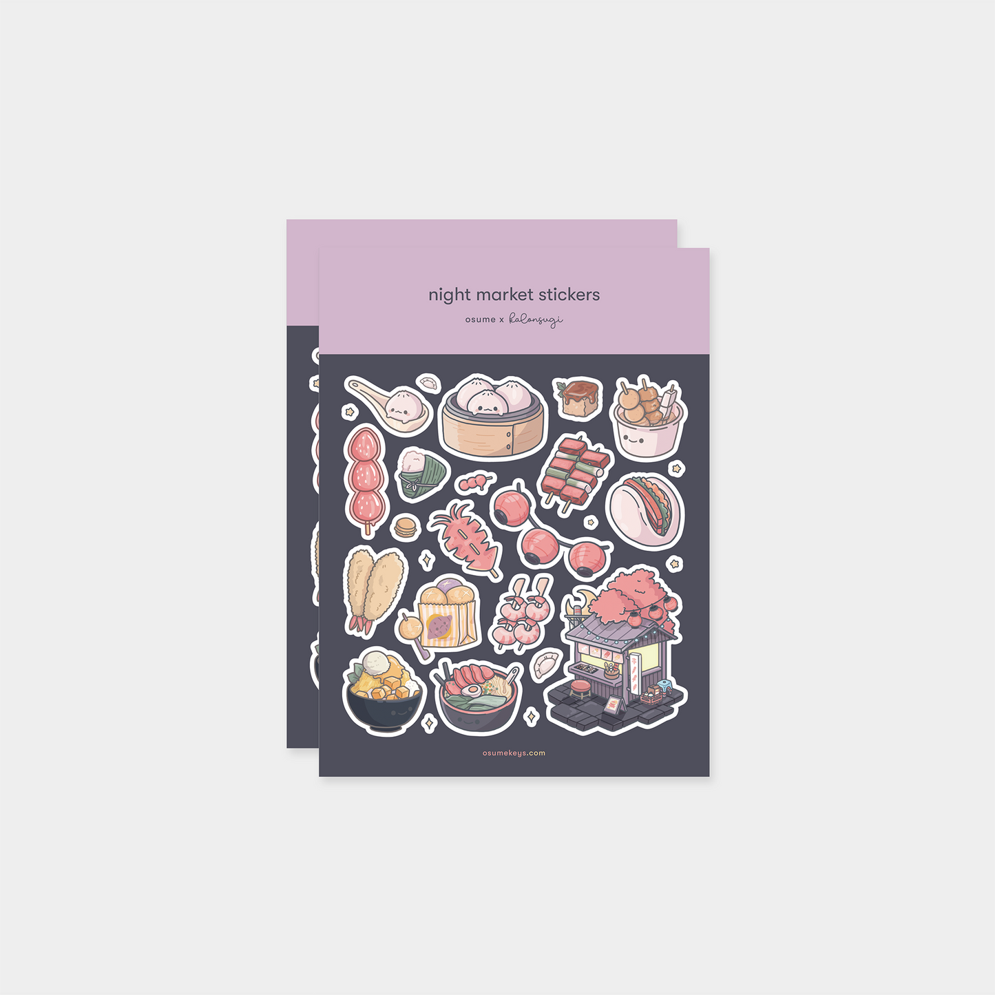 osume's 2-sheet night market sticker set with cute illustrations of asian street food.
