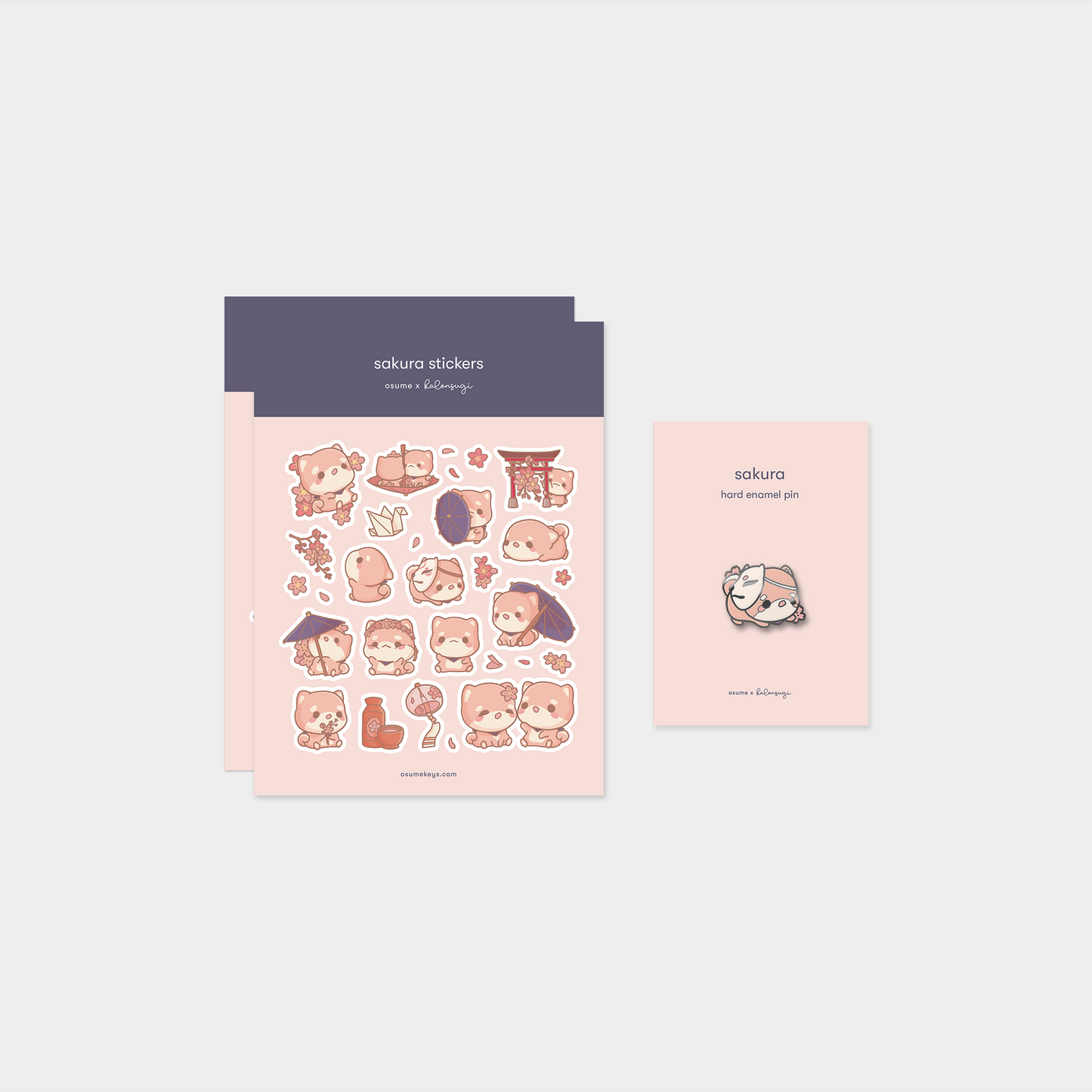 osume's sakura-themed pin & sticker bundle. containing 2 sticker sheets and an enamel pin.