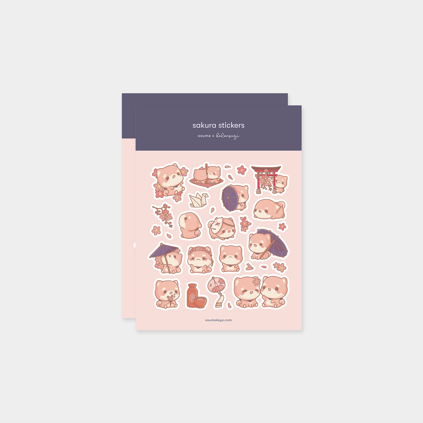 osume's 2-sheet sakura sticker set with cute illustrations of sakura shiba dogs.