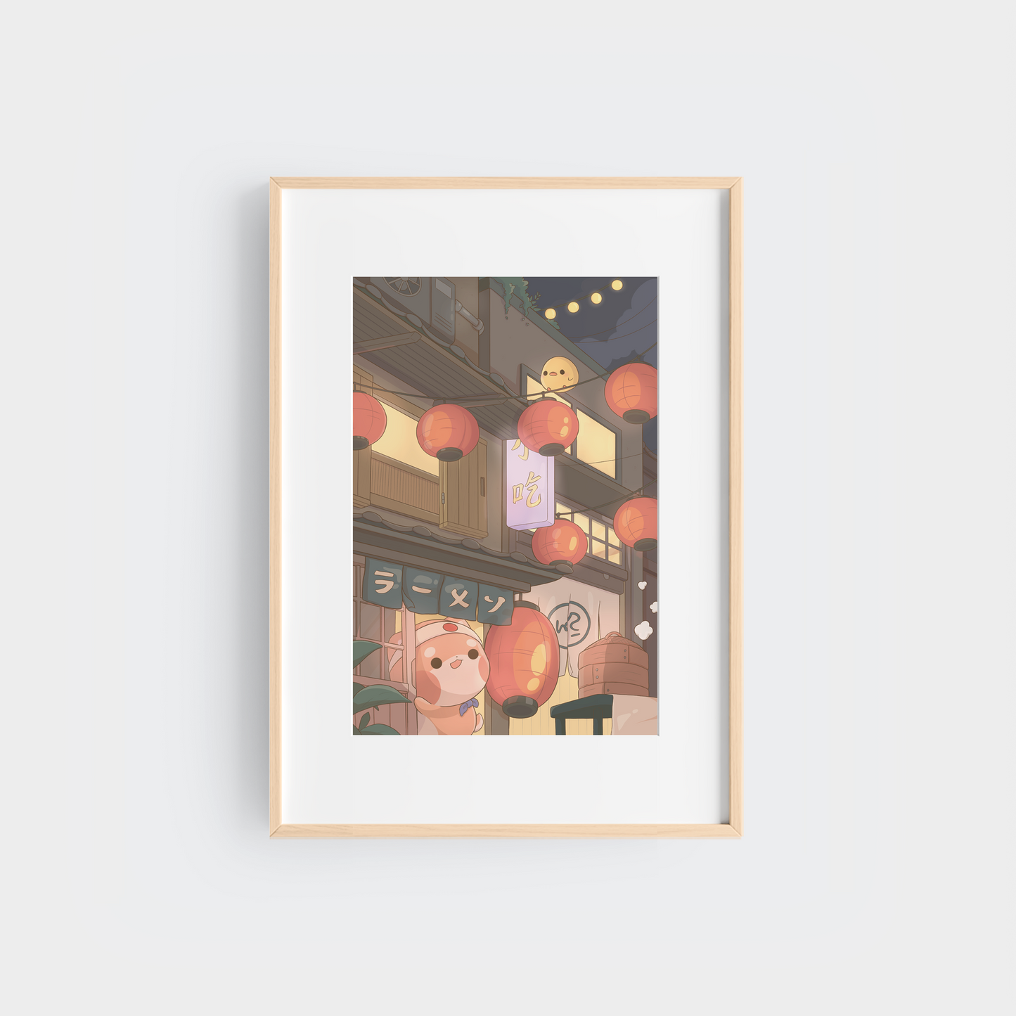 a 12"x18" poster art print featuring a cute shiba's asian-styled food market.