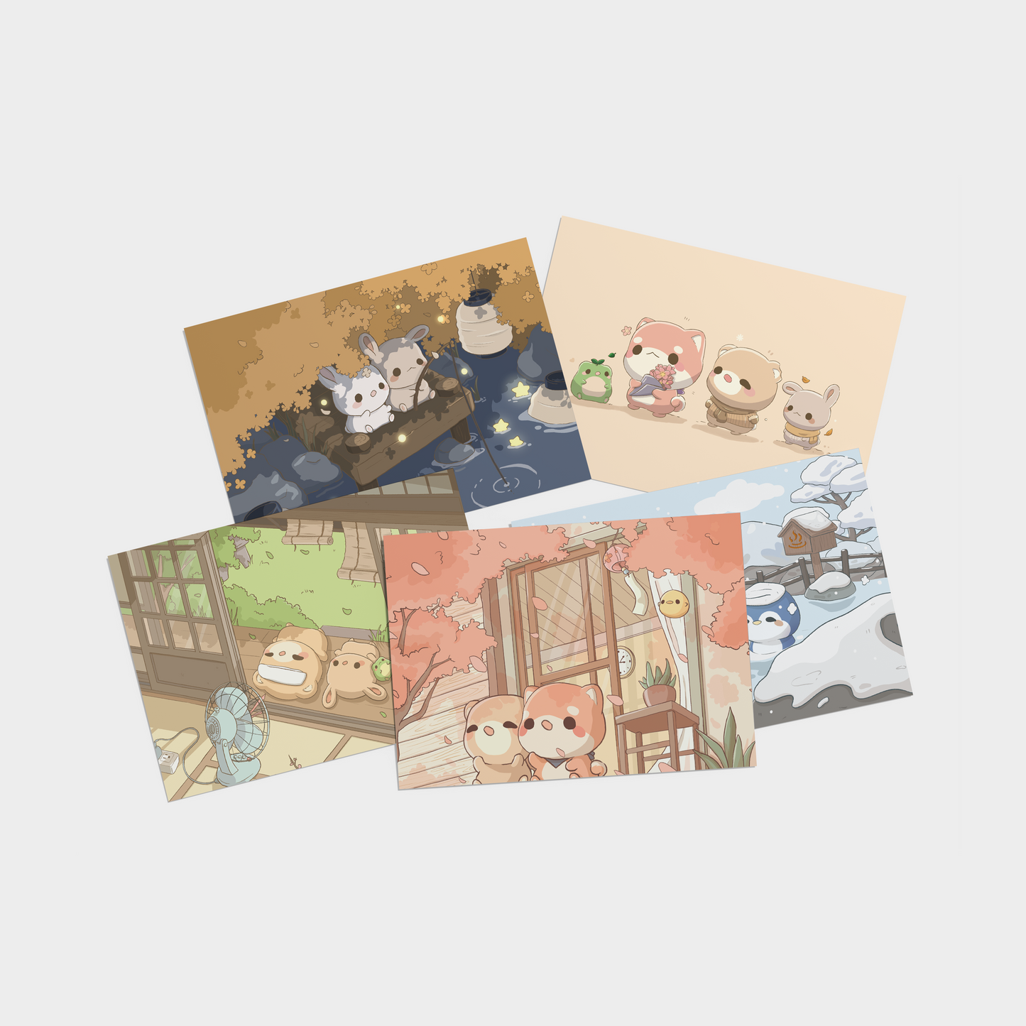 osume's seasons postcard pack featuring 5 illustrations of cute animals enjoying the changing seasons.