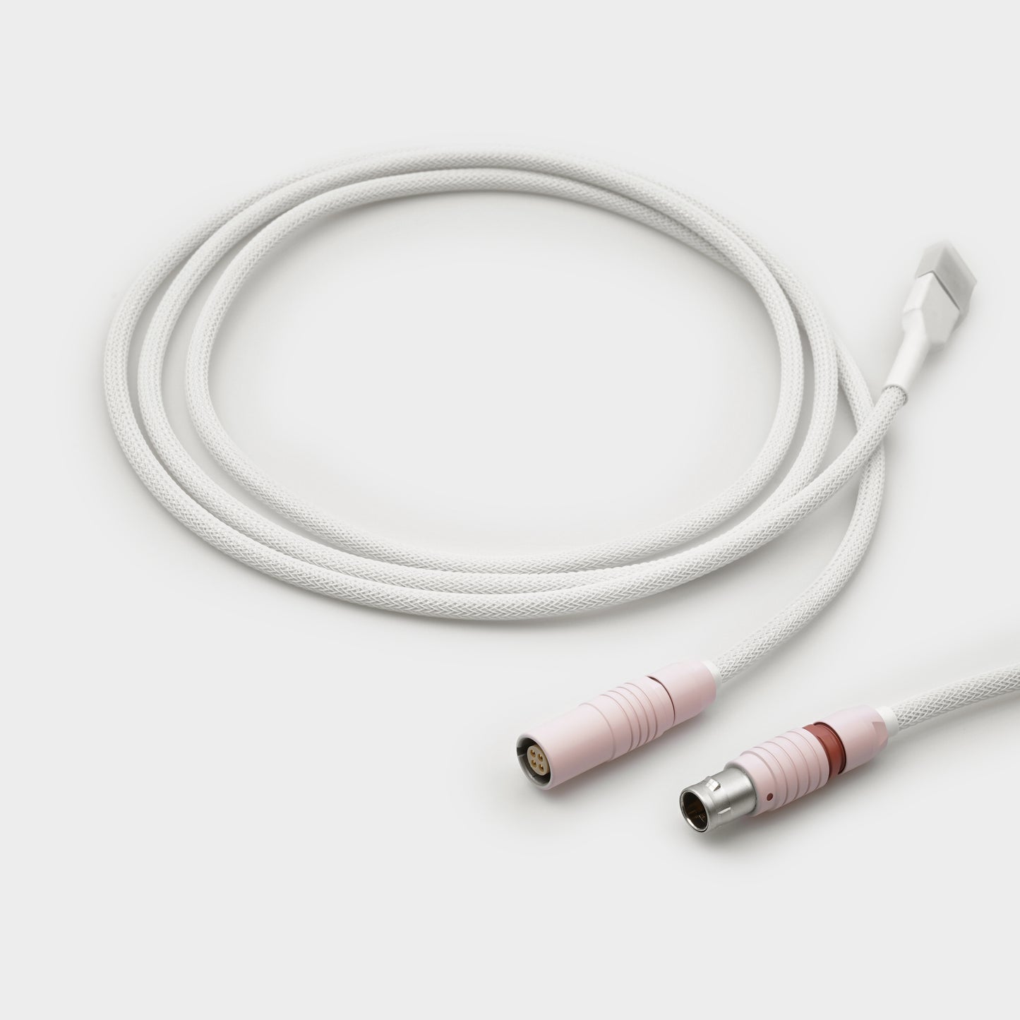 a strawberry milk themed keyboard cable with a 5 feet usb-a end and a 5 inch usb-c end.