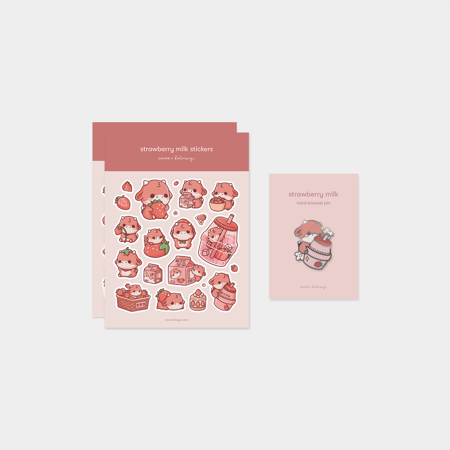 osume's strawberry milk-themed pin & sticker bundle. containing 2 sticker sheets and an enamel pin.