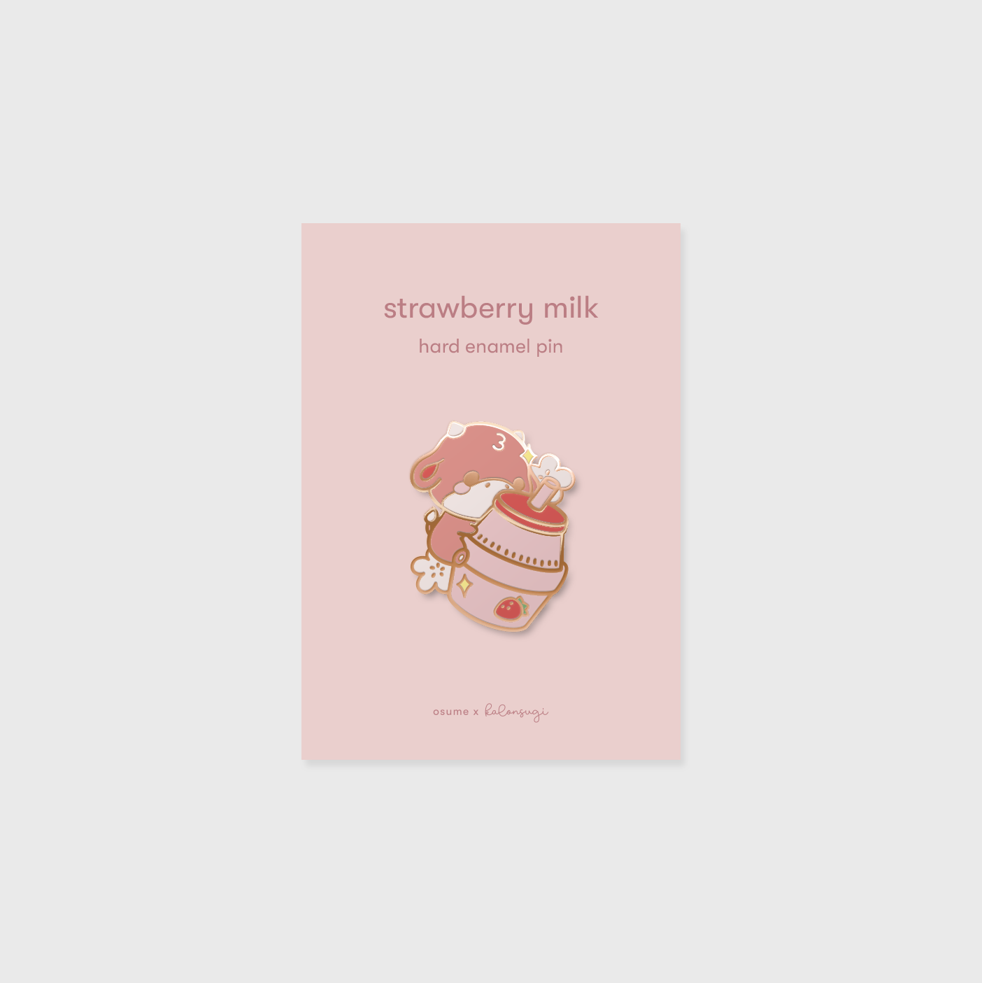 osume's strawberry milk enamel pin in rose gold featuring a cute strawberry milk cow.
