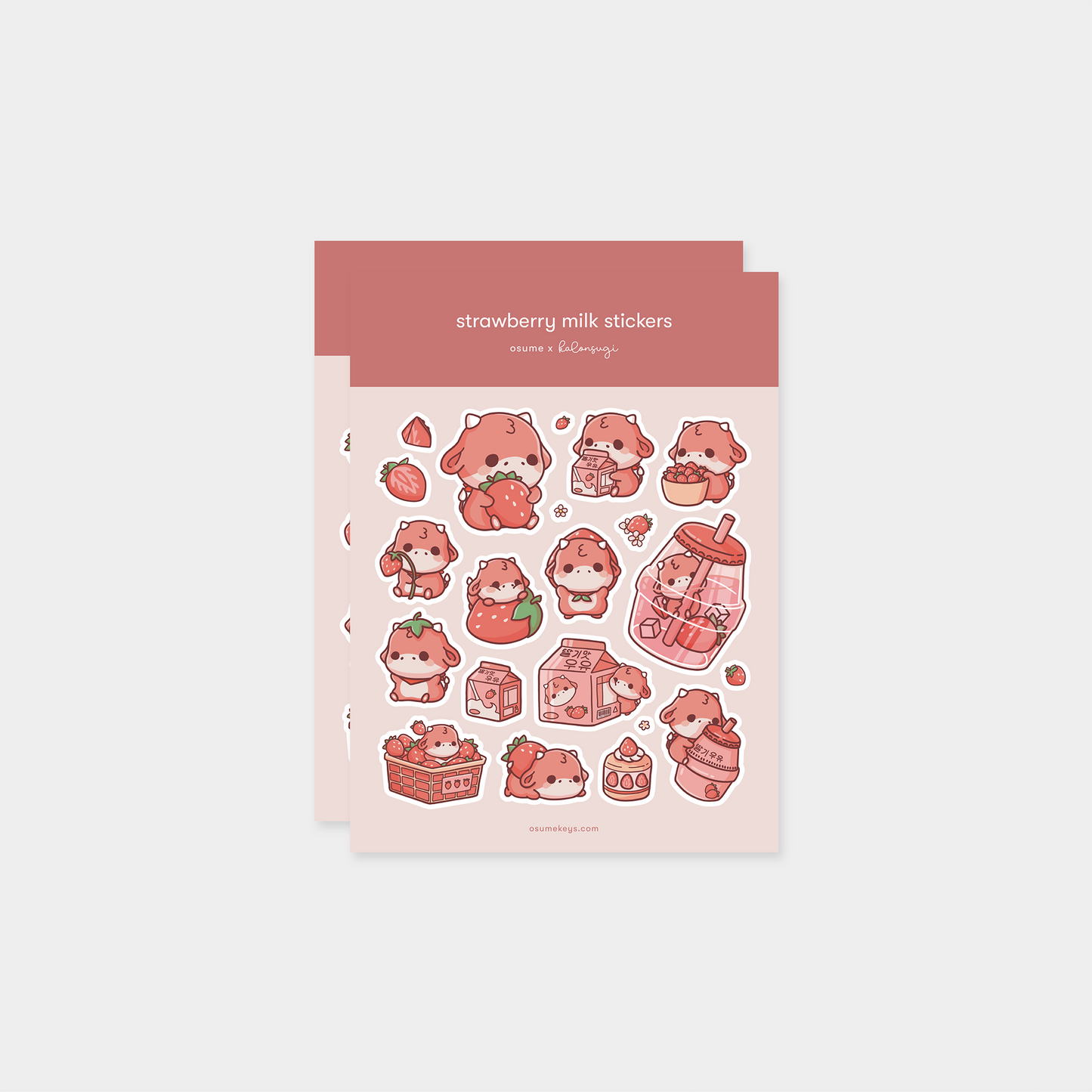 osume's 2-sheet strawberry milk sticker set with cute illustrations of strawberry cows.