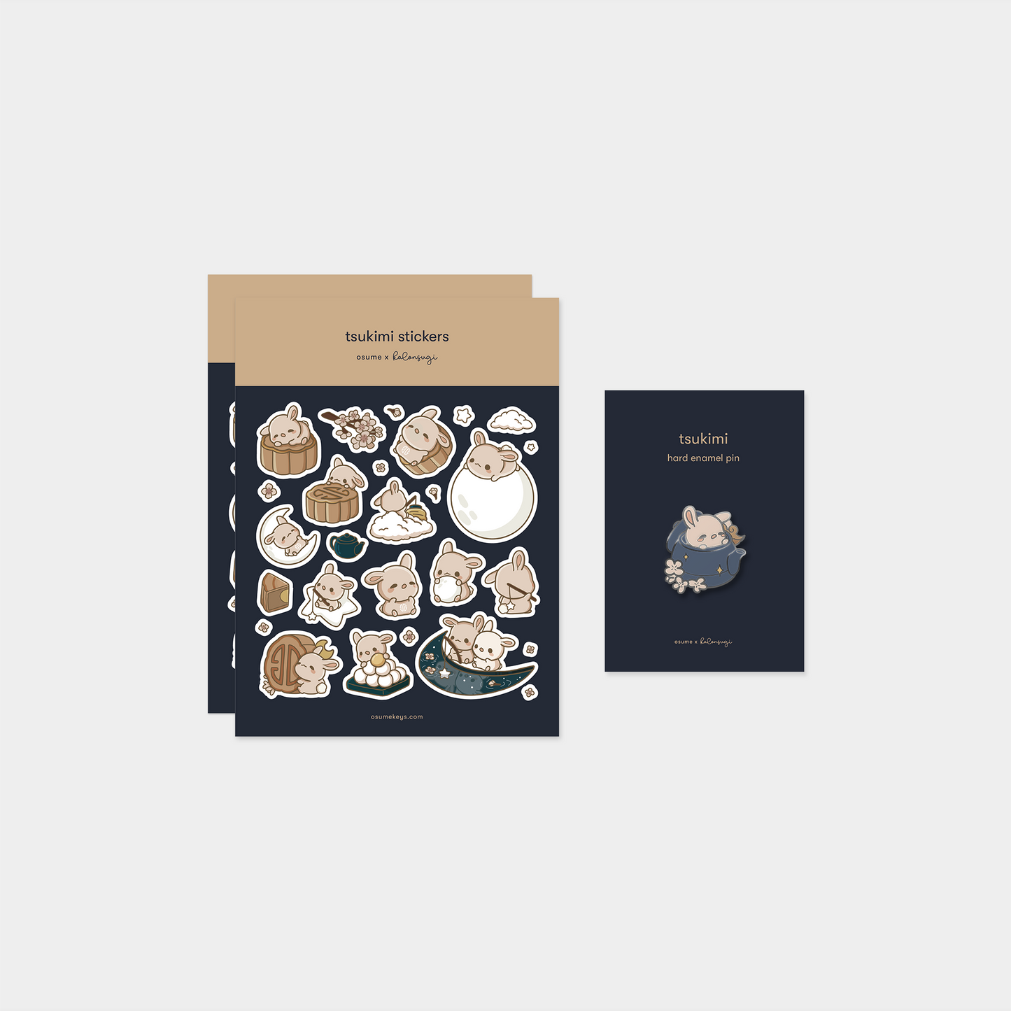 osume's tsukimi-themed pin & sticker bundle. containing 2 sticker sheets and an enamel pin.