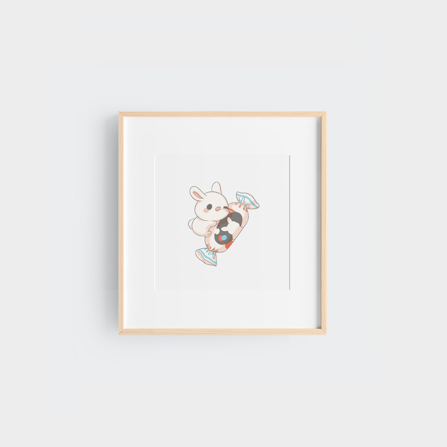 a 5.5"x5.5" square art print featuring a cute white bunny holding white rabbit candy.