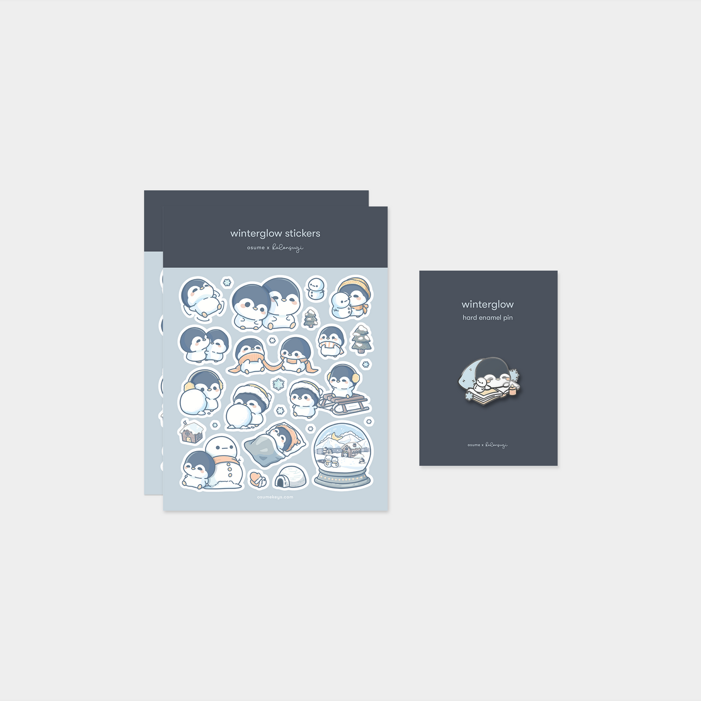 osume's winterglow-themed pin & sticker bundle. containing 2 sticker sheets and an enamel pin.