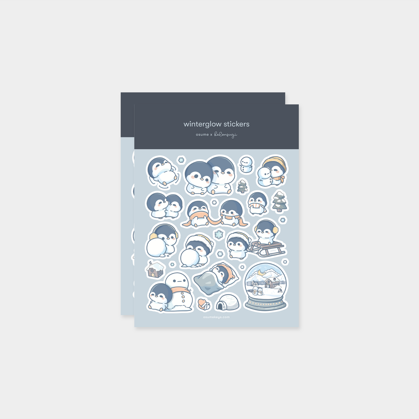 osume's 2-sheet winterglow sticker set with cute illustrations of penguins.