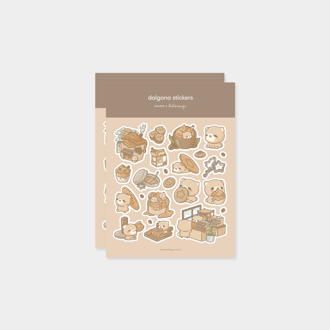 osume's 2-sheet dalgona sticker set with cute illustrations of coffee bears.