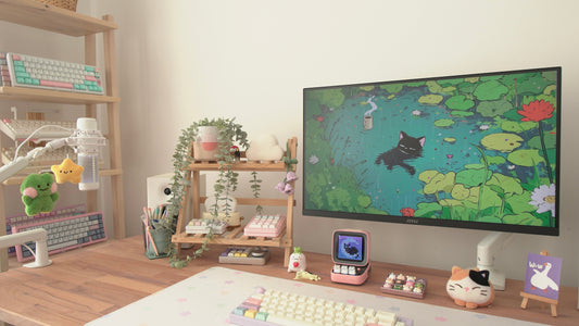 a cozy desk setup featuring an array of custom mechanical keyboards.