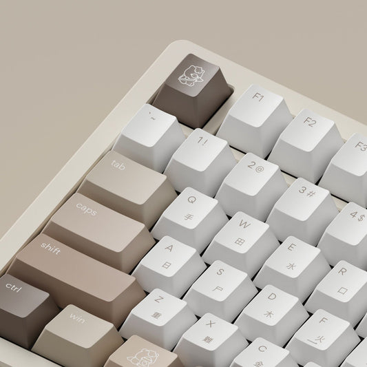brown and beige themed year of the horse keycaps mounted on a keyboard