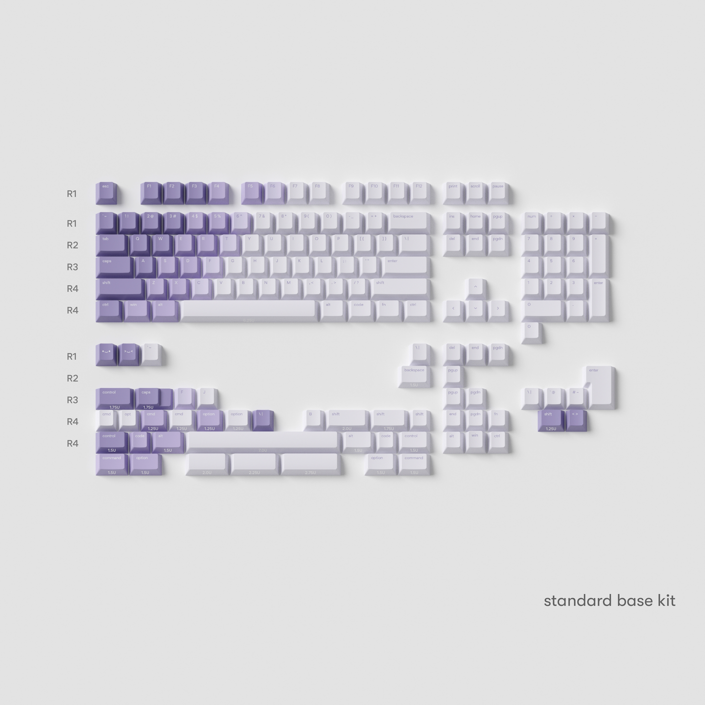 all the standard base kit bloom keycaps in cherry profile laid flat.
