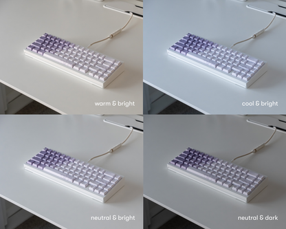 the bloom keycaps in 4 different lighting environments.