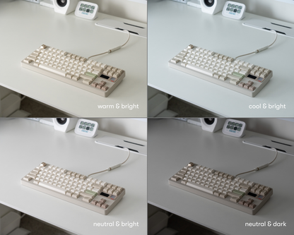 the cafe keycaps in 4 different lighting environments.