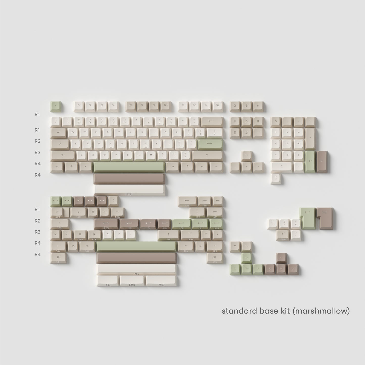 all the base kit cafe keycaps in marshmallow profile laid flat with spring green, roasted brown, light stone, and cloud beige colours.