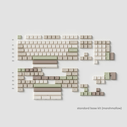 all the base kit cafe keycaps in marshmallow profile laid flat with spring green, roasted brown, light stone, and cloud beige colours.
