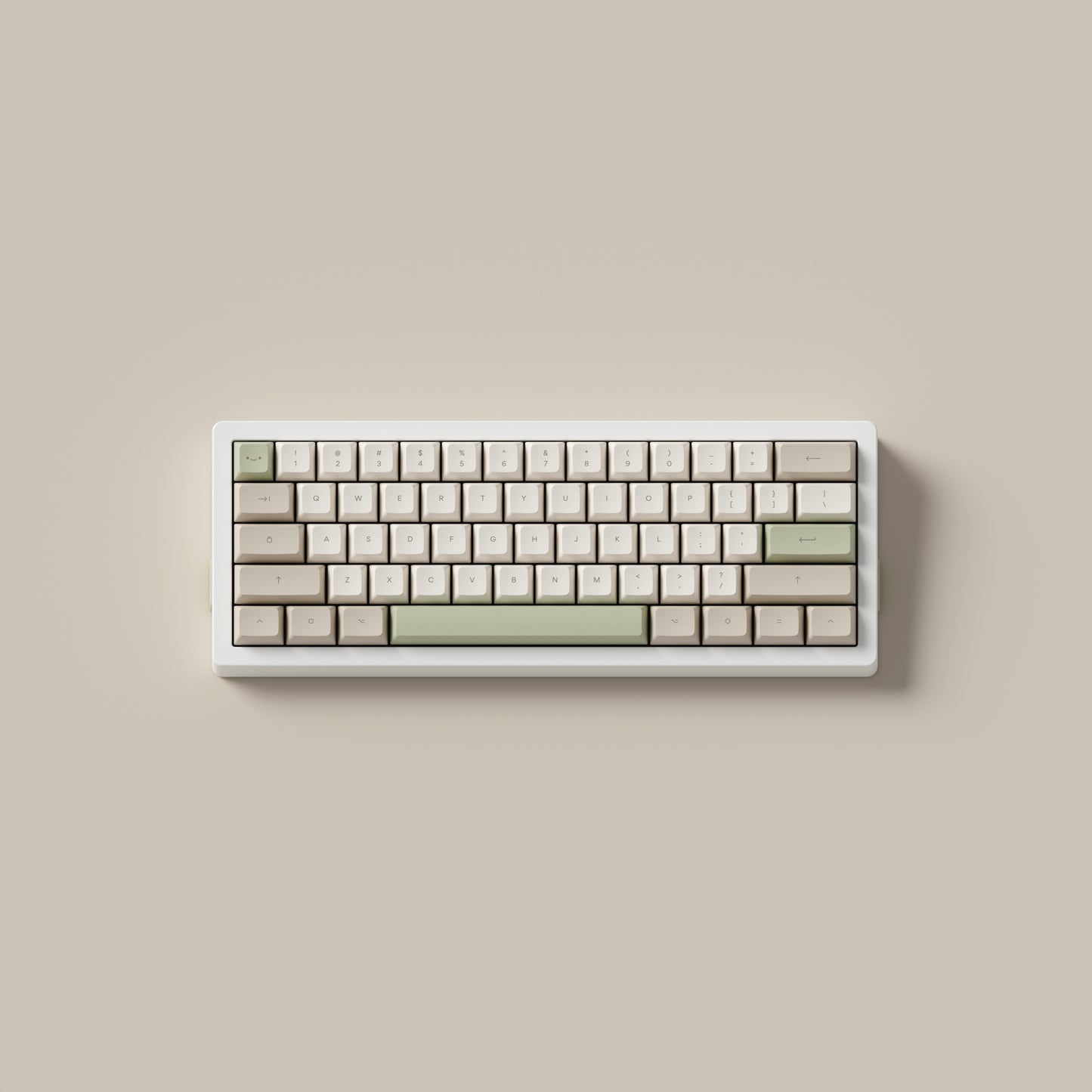 the cafe keycaps, in marshmallow profile, on a white 60% keyboard.