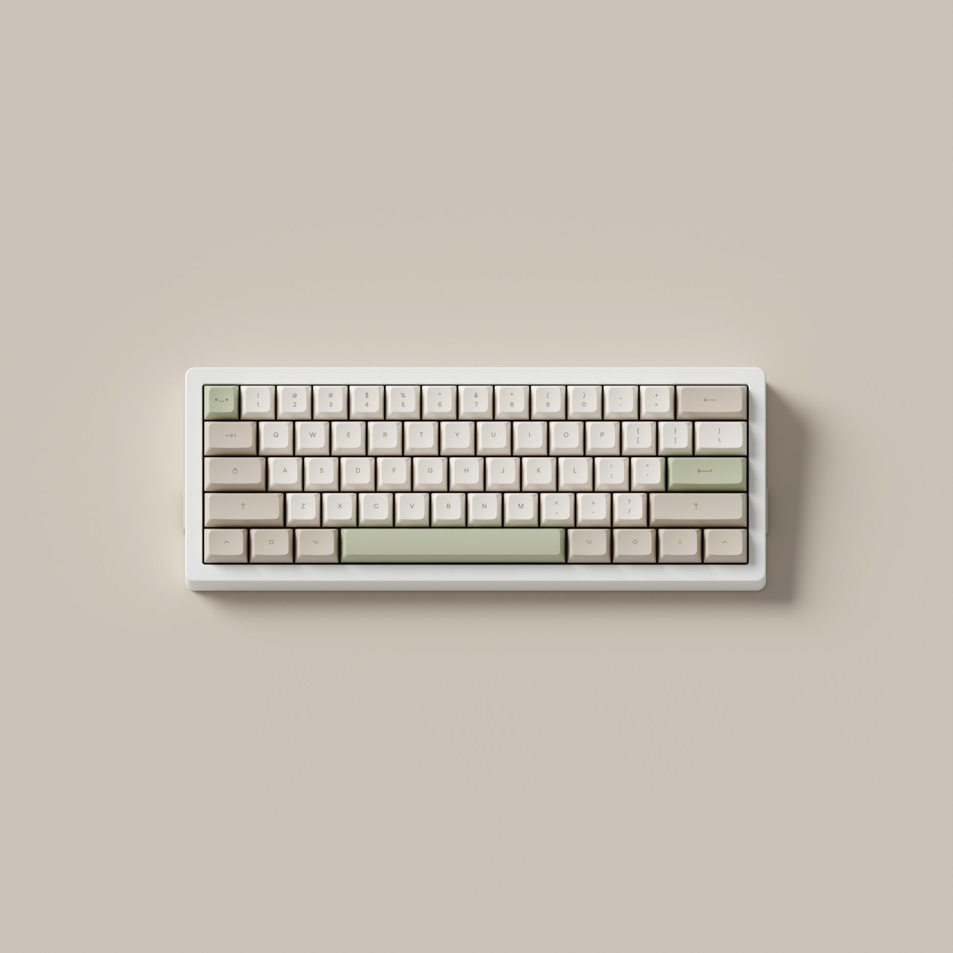 the cafe keycaps, in marshmallow profile, on a white 60% keyboard.