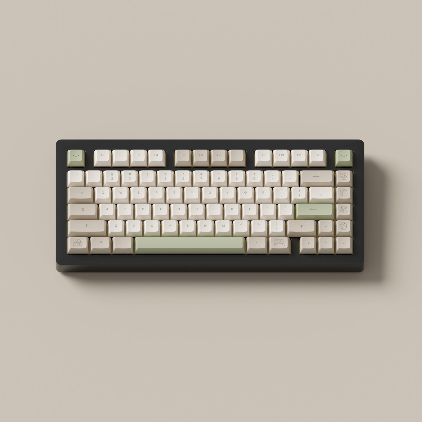 the cafe marshmallow keycaps with matching novelty keys on a black 75% keyboard.
