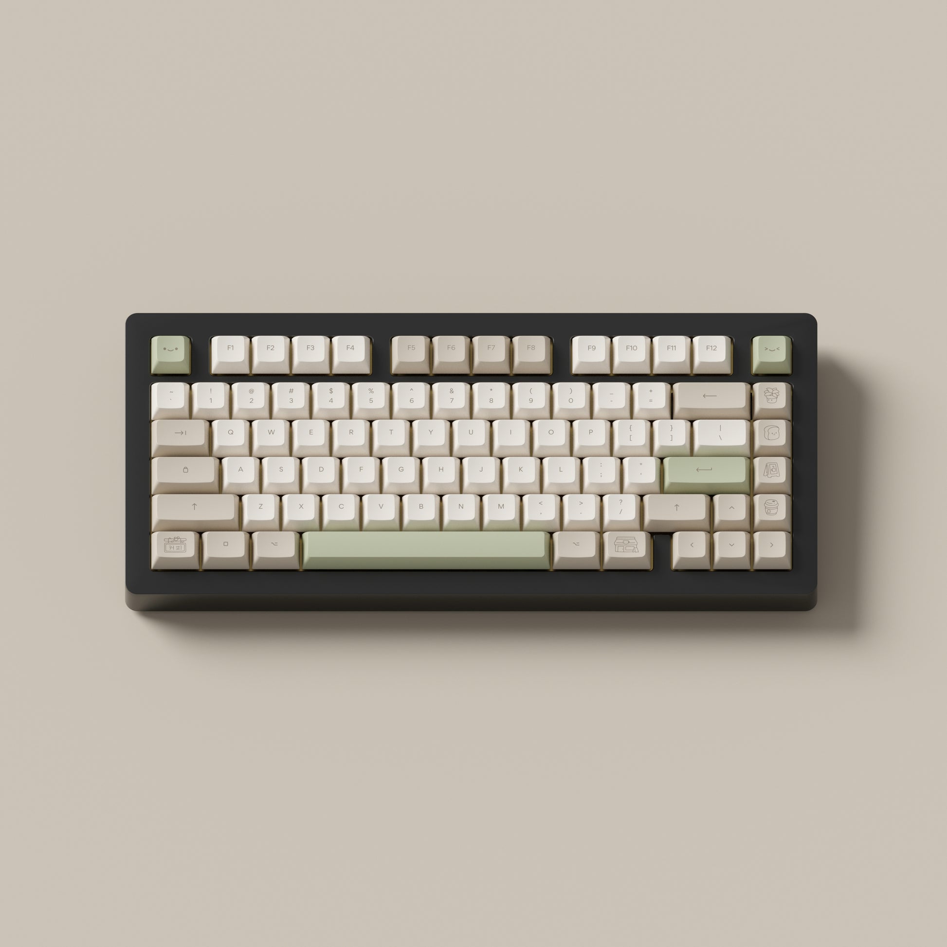 the cafe marshmallow keycaps with matching novelty keys on a black 75% keyboard.