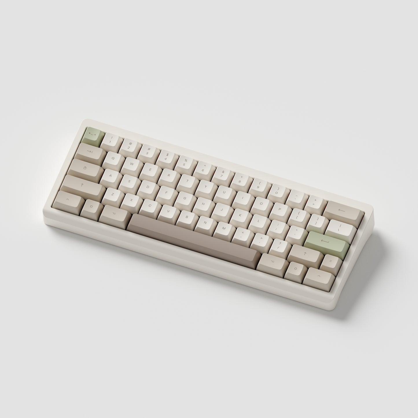 the cafe keycaps, in marshmallow profile, on a cream 60% keyboard.