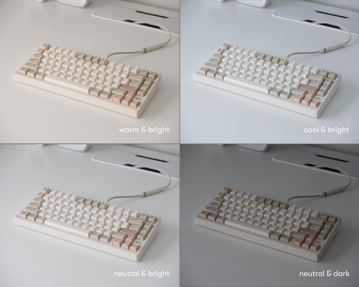 the cafe rose keycaps in 4 different lighting environments.