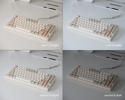 the cafe rose keycaps in 4 different lighting environments.