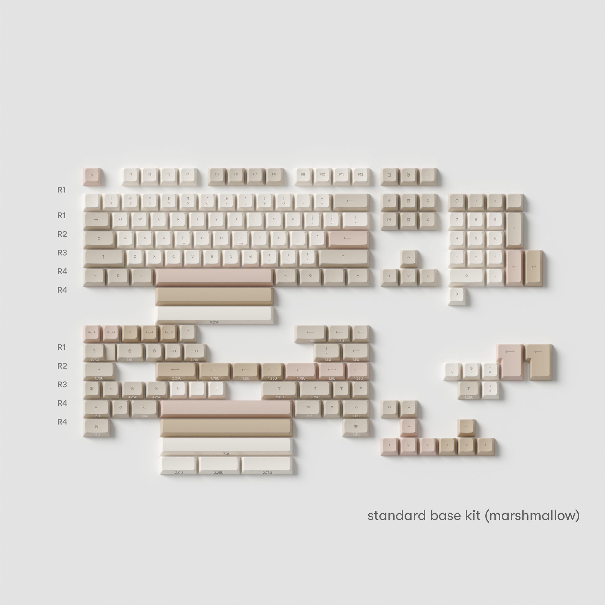 all the base kit cafe rose keycaps in marshmallow profile laid flat with macaron pink, caramel brown, light stone, and cloud beige colours.