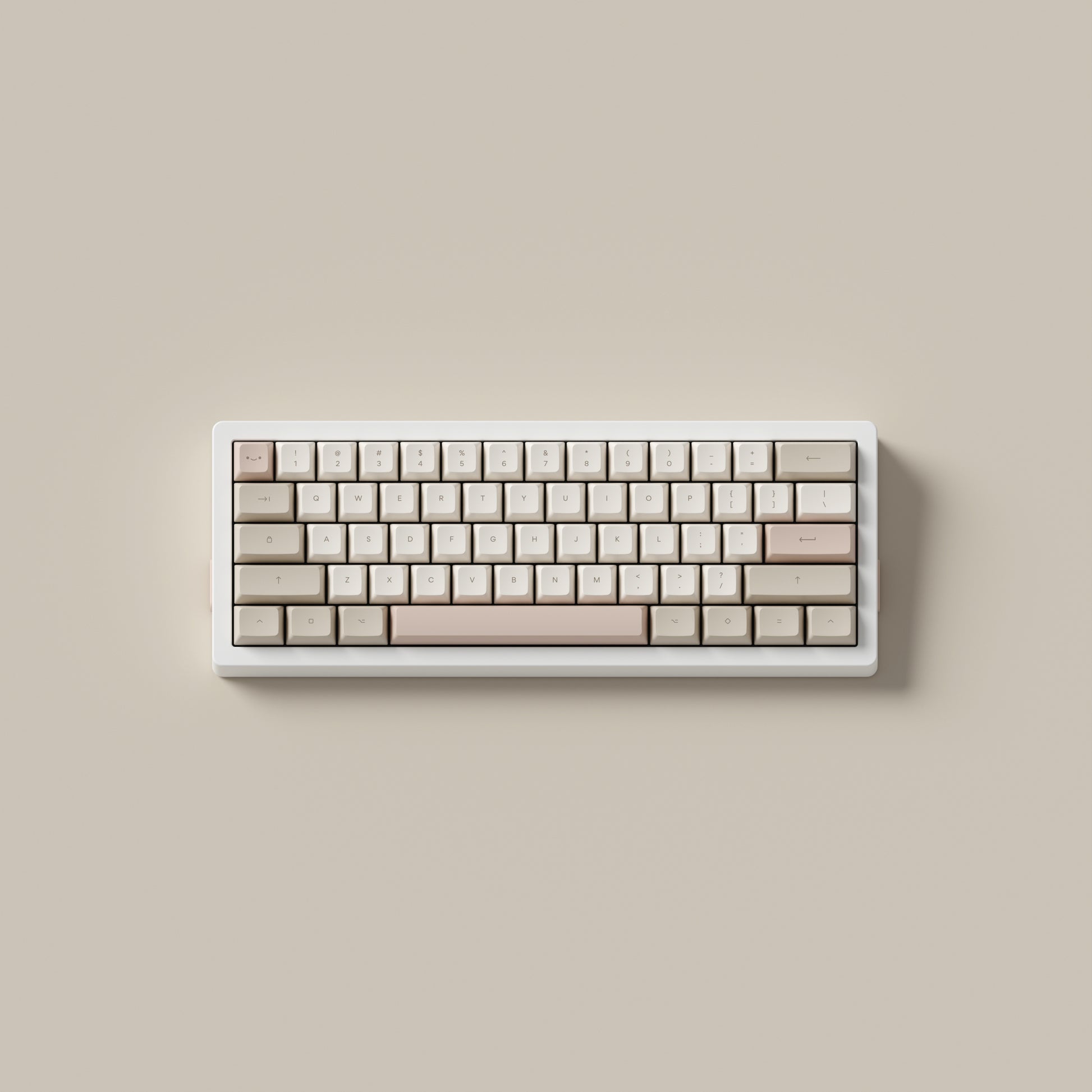 the cafe rose keycaps, in marshmallow profile, on a white 60% keyboard.