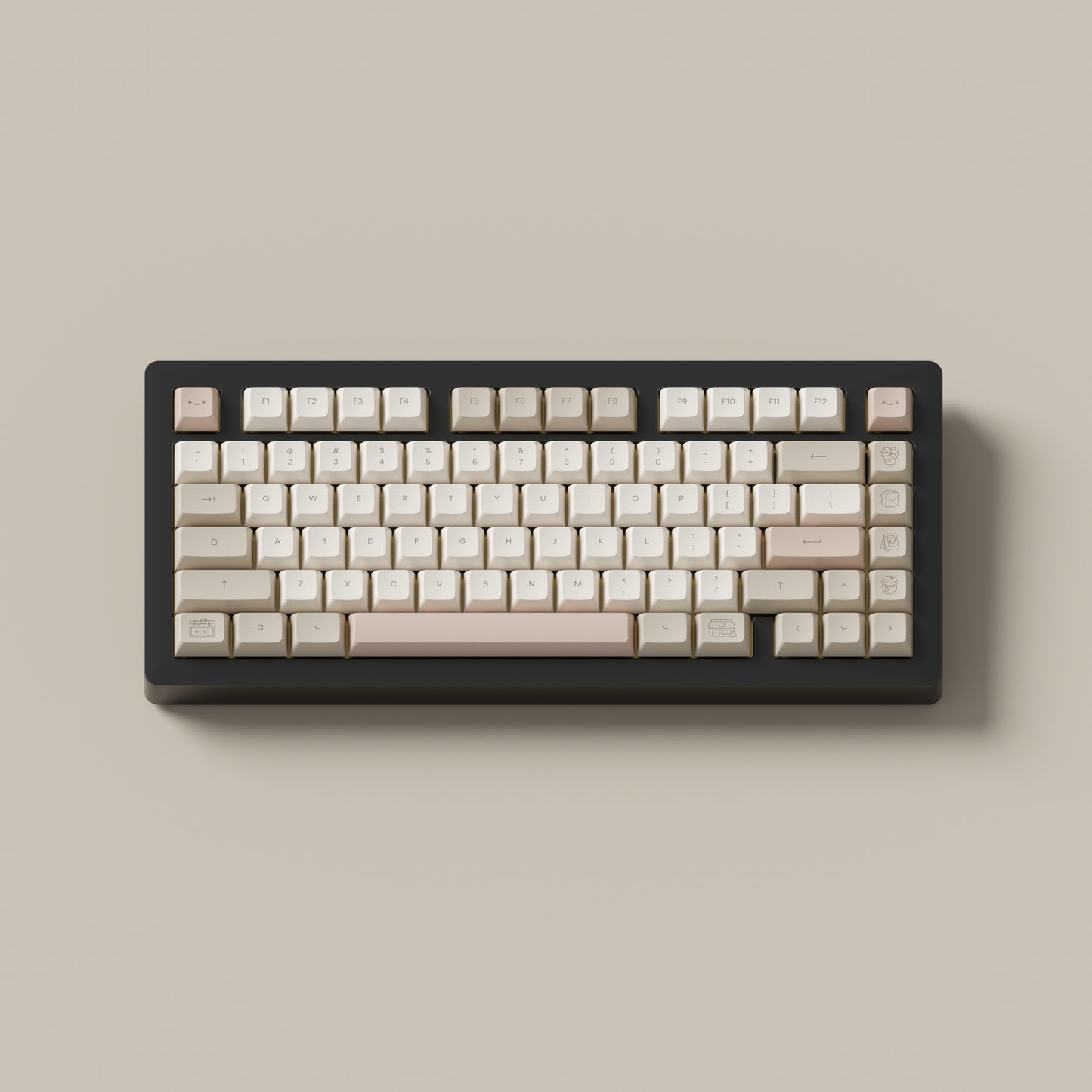 the cafe rose marshmallow keycaps with matching novelty keys on a black 75% keyboard.